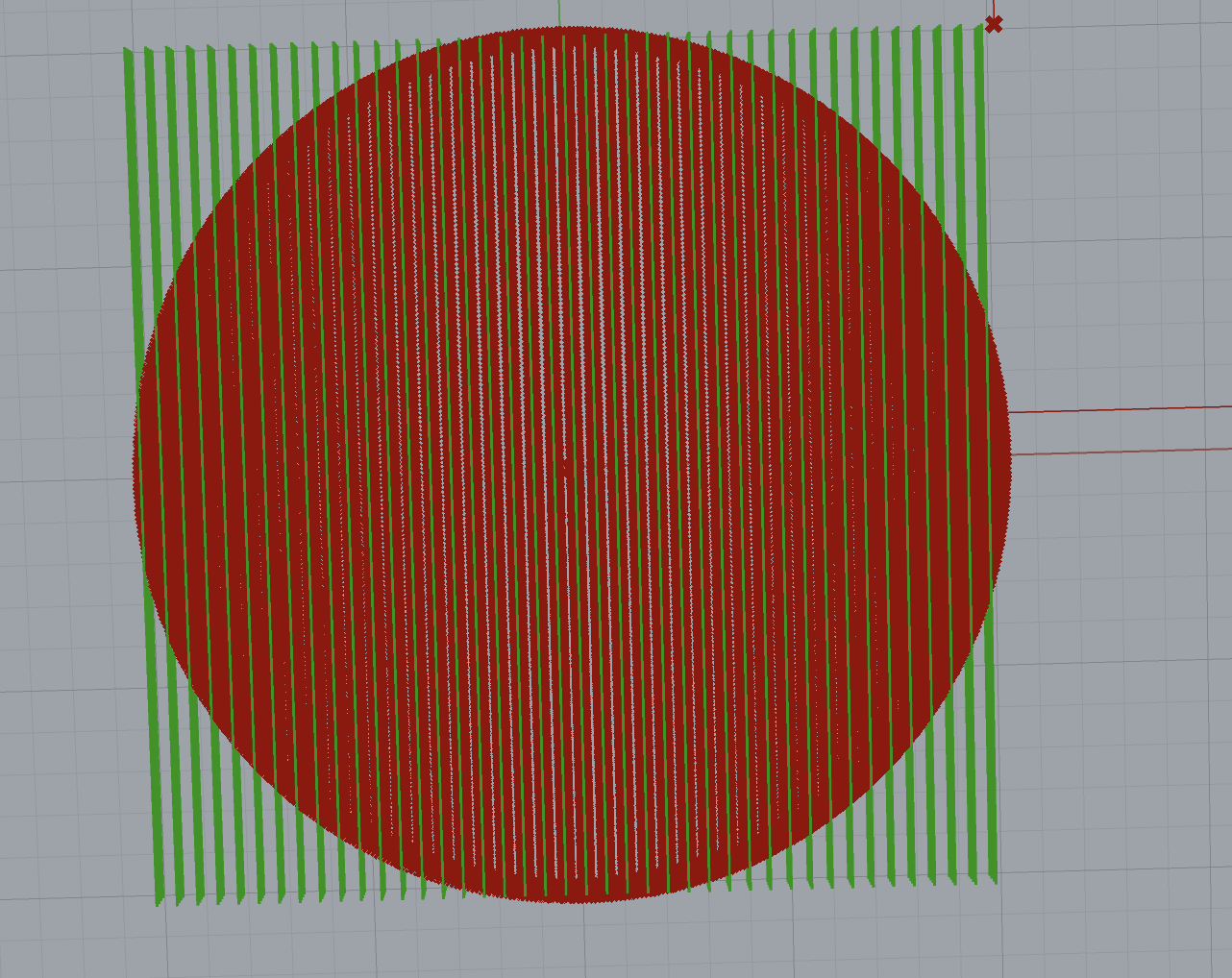 Rectangular infill ines in green around a red cylinder