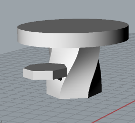 A model of a table with a flat cylinder top, twisted base, and hexagonal lower branch.