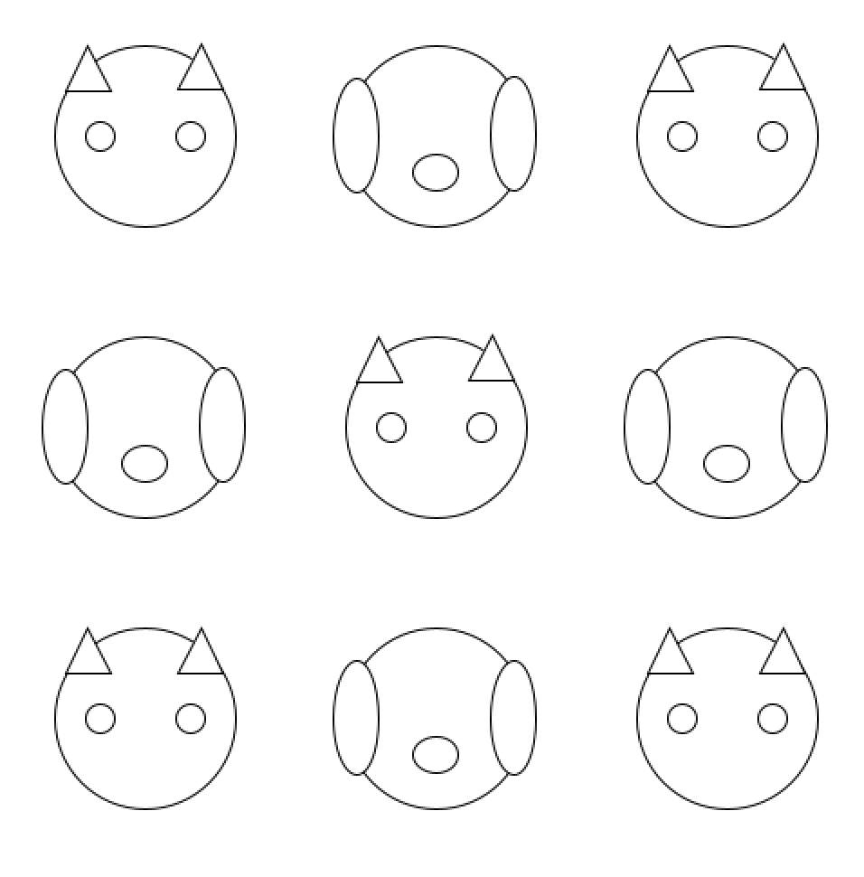 Repeating images of a cat + dog in rows of 3 and columsn of 3